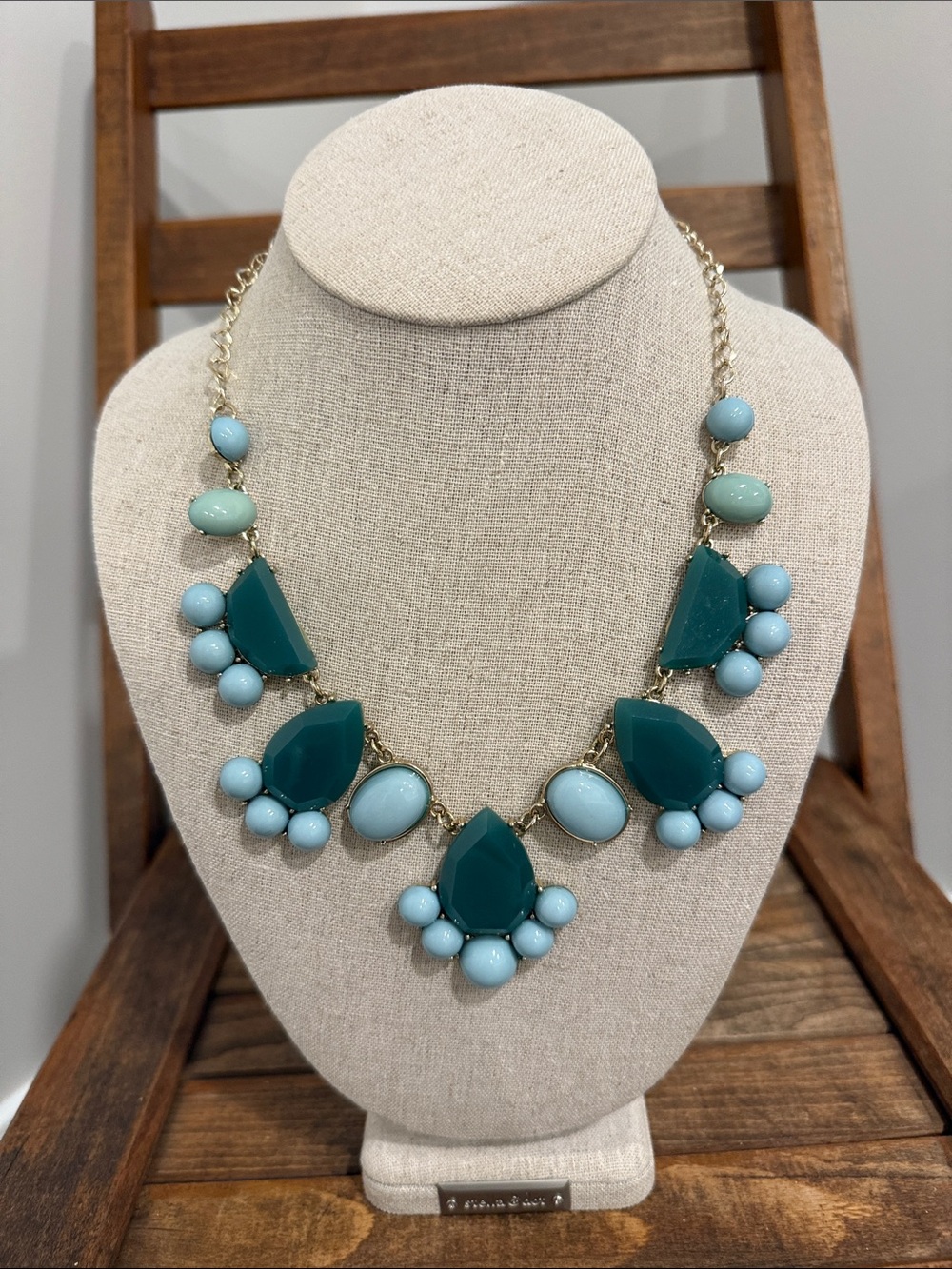 Turquoise & Teal Statement Bib Necklace – Gold Tone